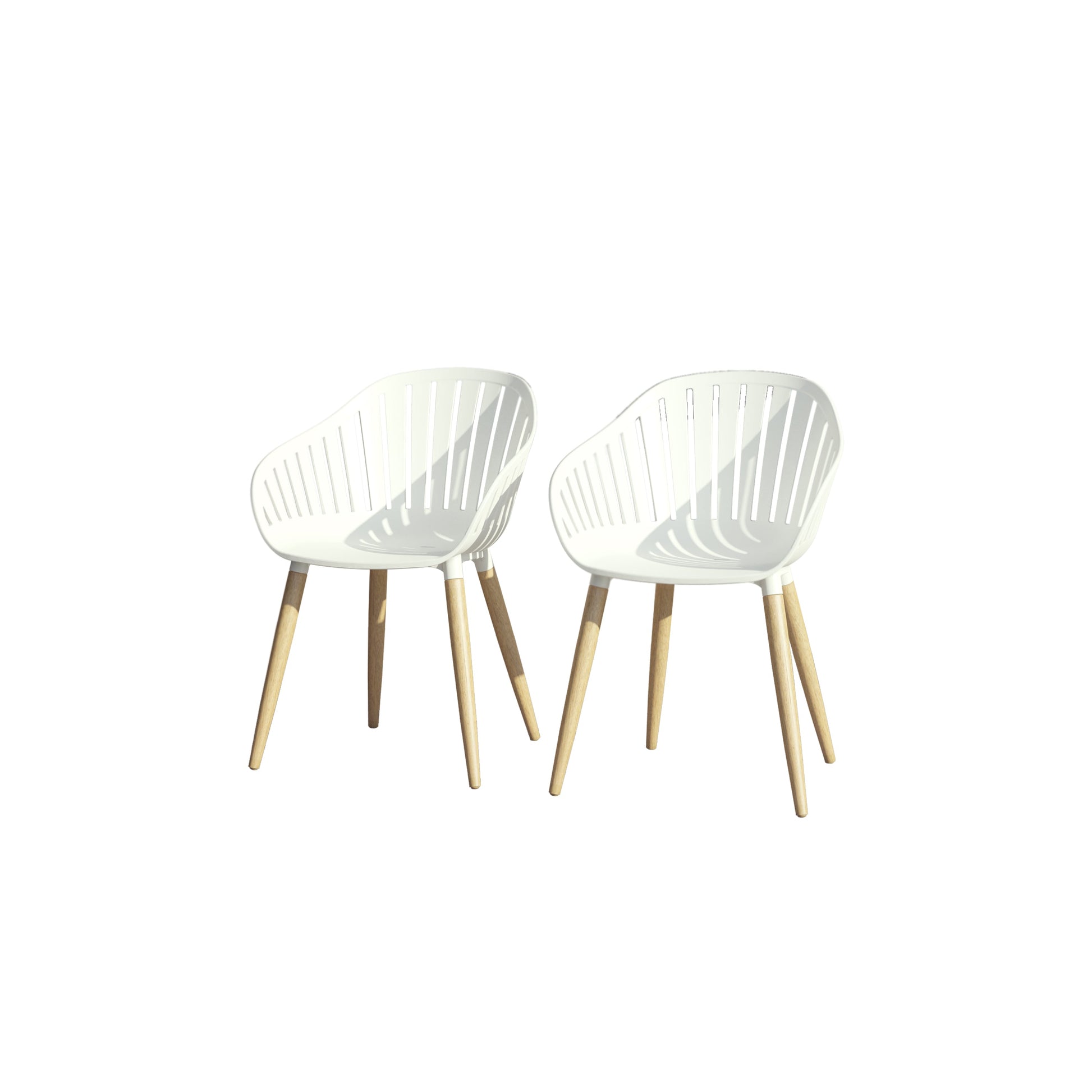 Nassau white armchairs with wood legs and slatted backs for outdoor patio by LifestyleGarden on Tampa Home & Garden Store