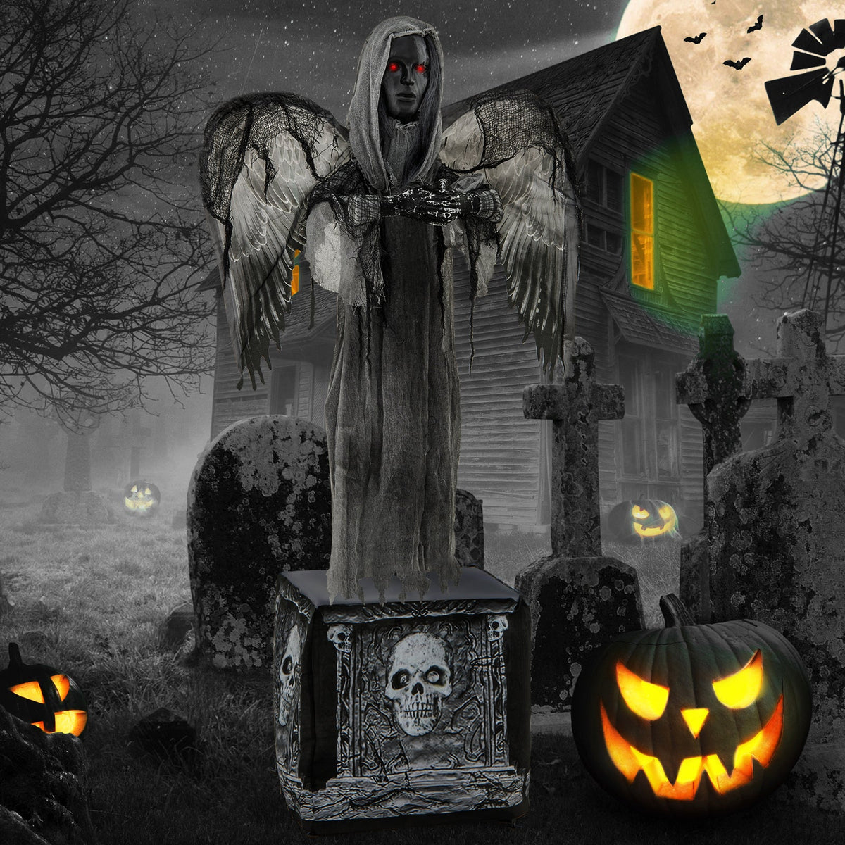 5.5ft Halloween animatronic statue with light-up red eyes, hooded robe, and tattered wings on Tampa Home & Garden Store