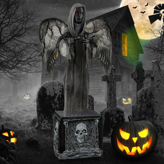 5.5ft Halloween animatronic statue with light-up red eyes, hooded robe, and tattered wings on Tampa Home & Garden Store