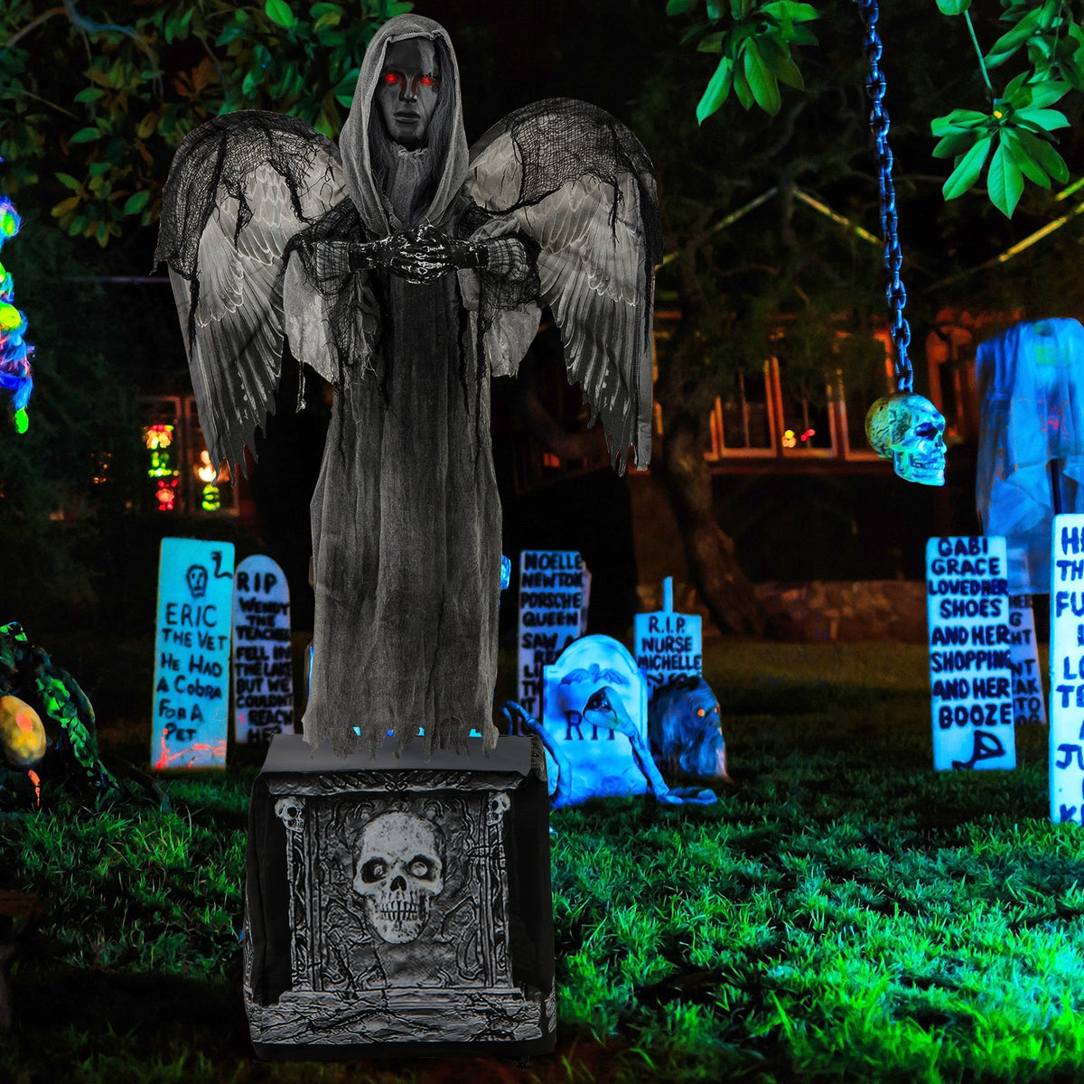 5.5ft Halloween animatronic statue by DirectDeals with light-up red eyes and black tattered wings on Tampa Home & Garden Store