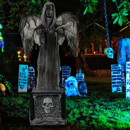 5.5ft Halloween animatronic statue by DirectDeals with light-up red eyes and black tattered wings on Tampa Home & Garden Store