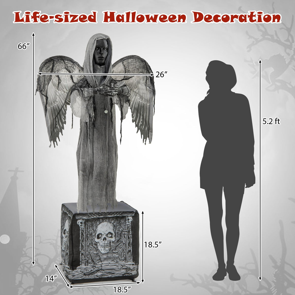 5.5ft Halloween animatronic statue: hooded angel with torn, shaking wings, light-up eyes on Tampa Home & Garden Store
