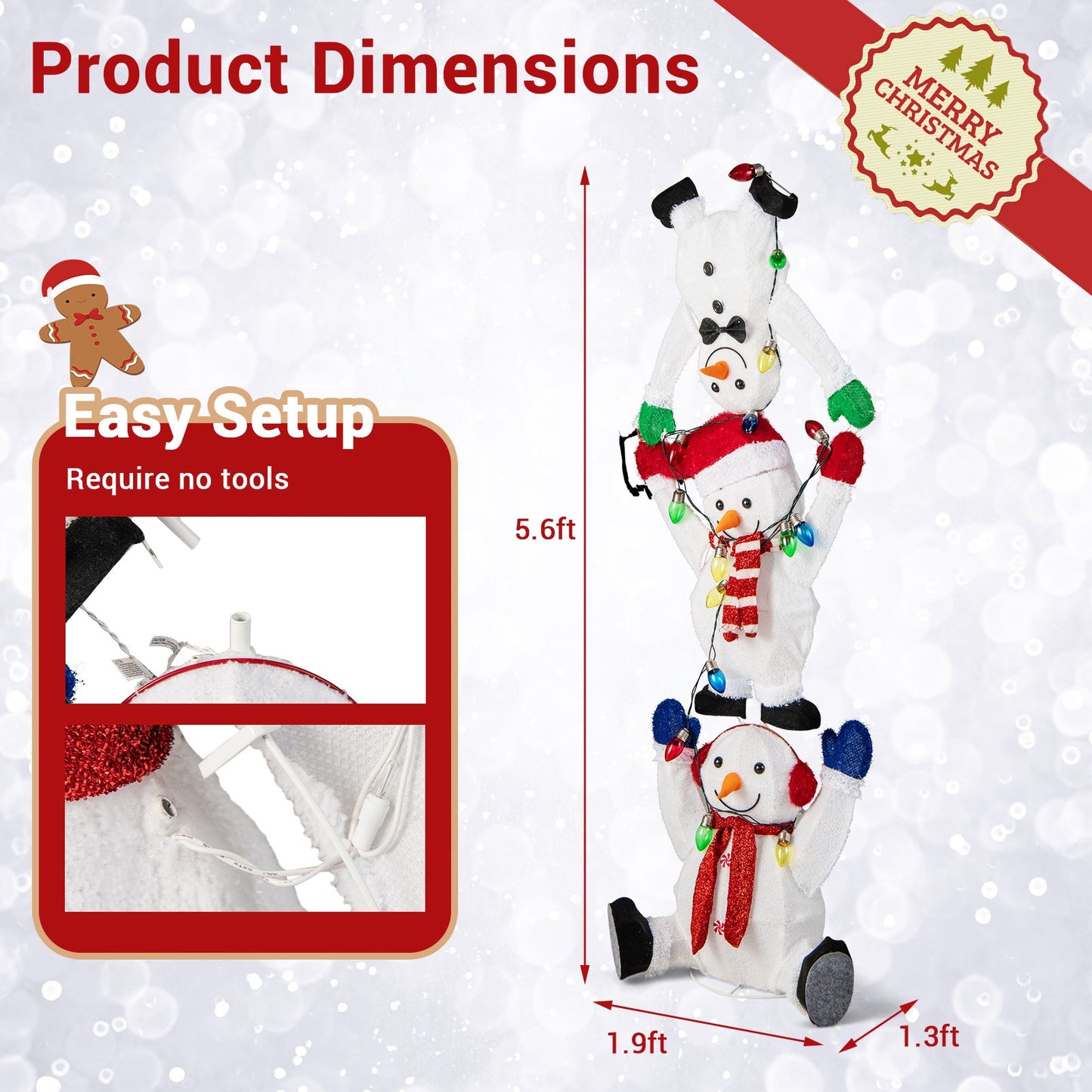5.6 Feet Lighted Stacked Snowmen Christmas Decoration by DirectDeals with colorful lights on Tampa Home & Garden Store