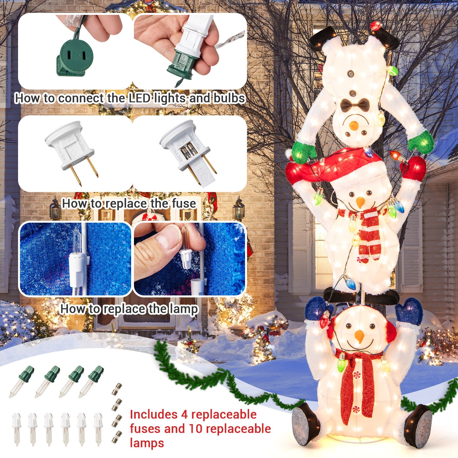 5.6 ft Lighted Stacked Snowmen Decoration DirectDeals white snowmen with hats and lights on Tampa Home & Garden Store