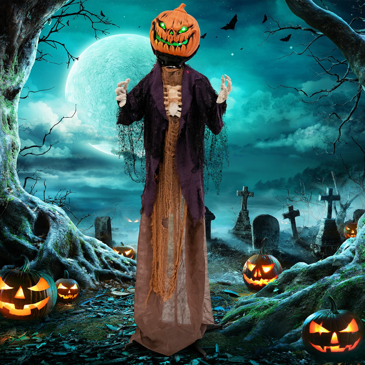 5.6 ft Halloween animated pumpkin scarecrow cardboard cutout with glowing green eyes DirectDeals on Tampa Home & Garden Store