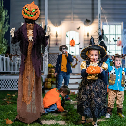 5.6 ft Halloween Animated Standing Pumpkin Scarecrow DirectDeals with purple cloak glowing eyes on Tampa Home & Garden Store