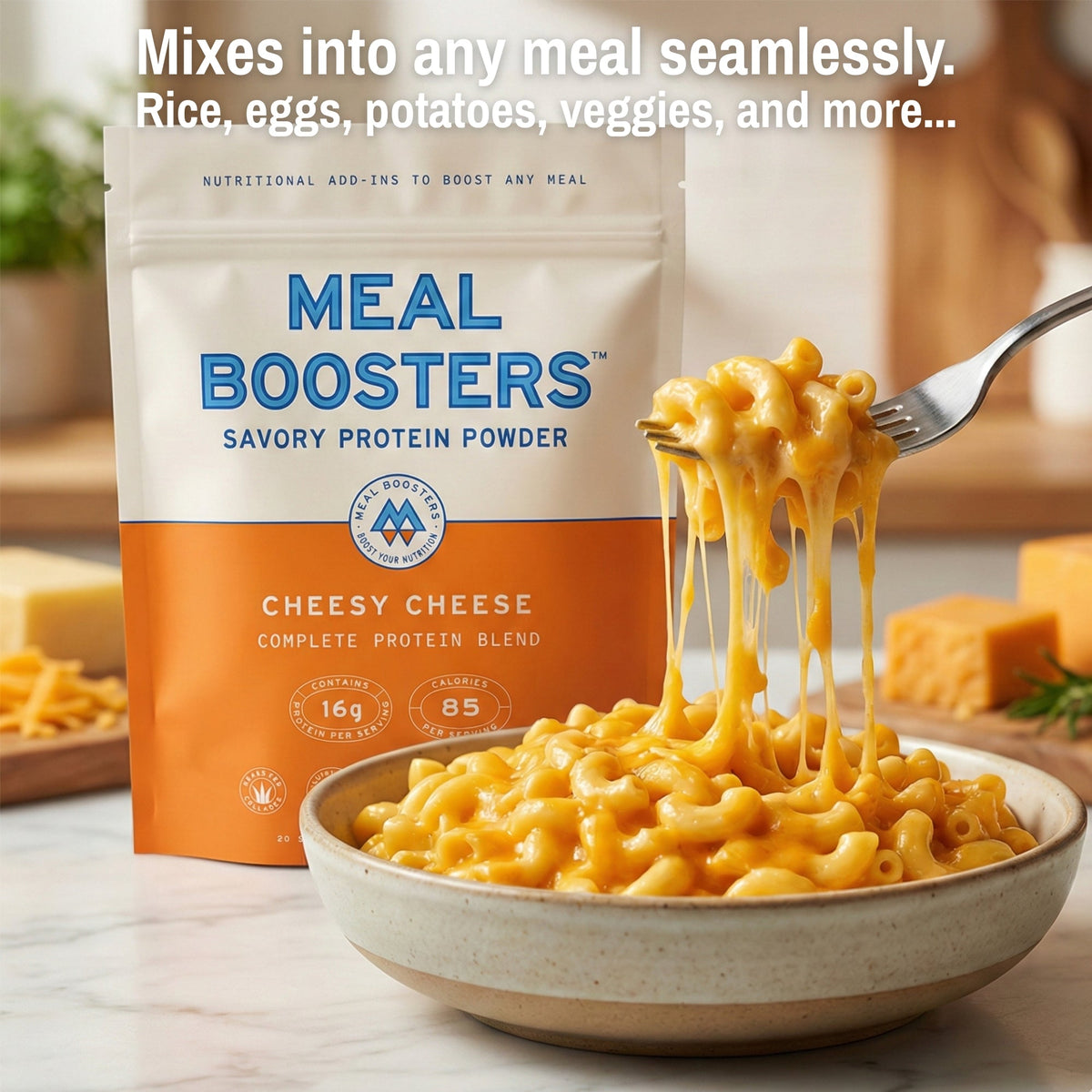 Meal Boosters Cheesy Cheese protein powder savory flavor, orange gradient packaging on Tampa Home & Garden Store