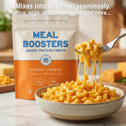 Meal Boosters Cheesy Cheese protein powder savory flavor, orange gradient packaging on Tampa Home & Garden Store