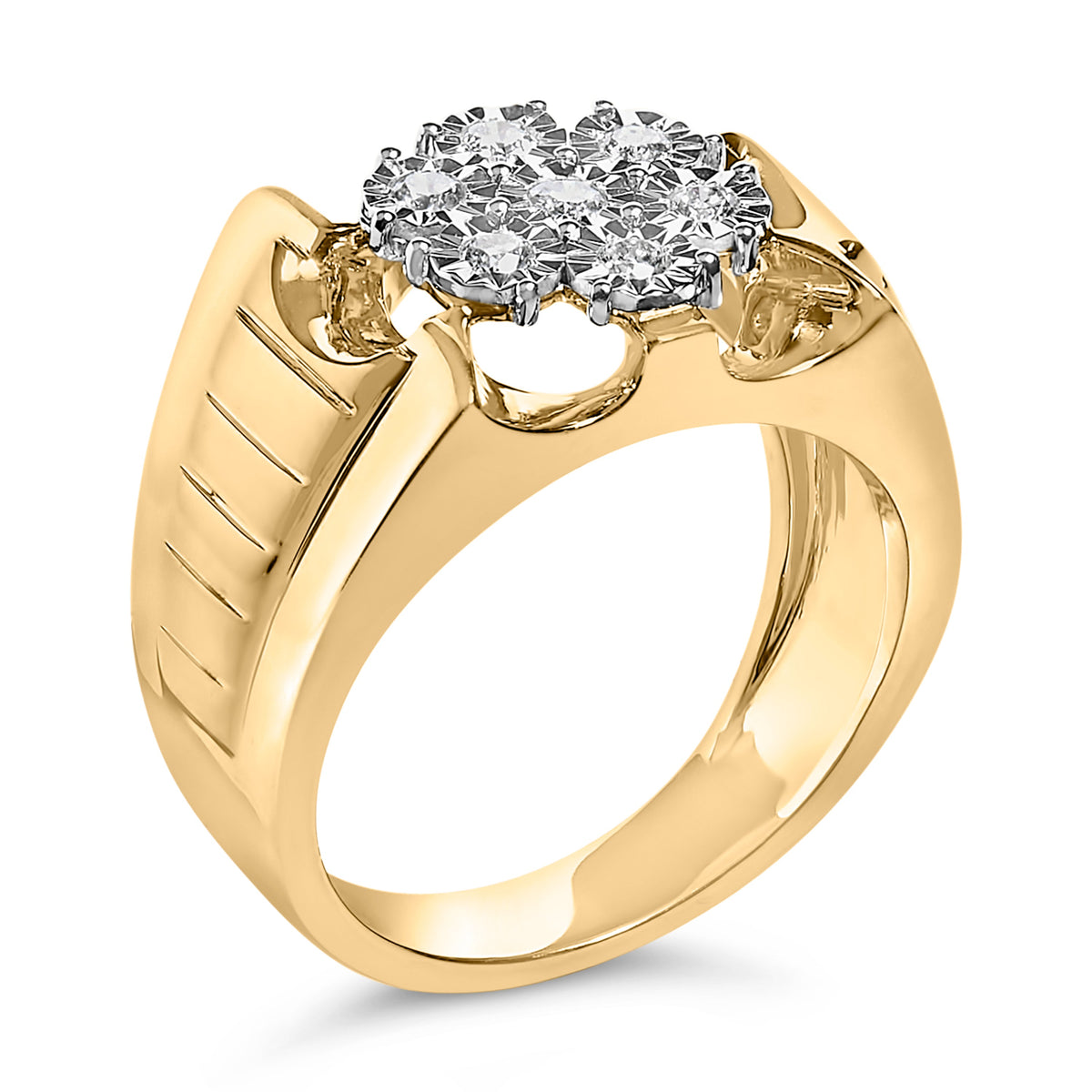 Men's diamond cluster ring in yellow gold plated sterling silver with a floral halo, 1/3 cttw on Tampa Home & Garden Store
