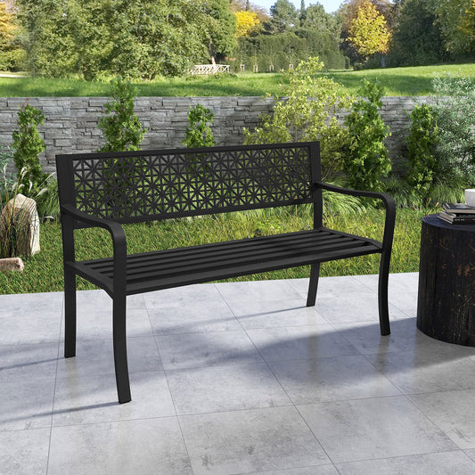 50 Inch Garden Bench with Patterned Backrest and Curved Armrests for 2-3 Person-Black - Tampa Home & Garden Store