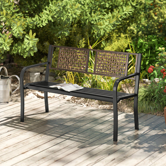 50 Inch Outdoor Metal Garden Bench with Rattan-Like Backrest for 2-3 People-Black - Tampa Home & Garden Store