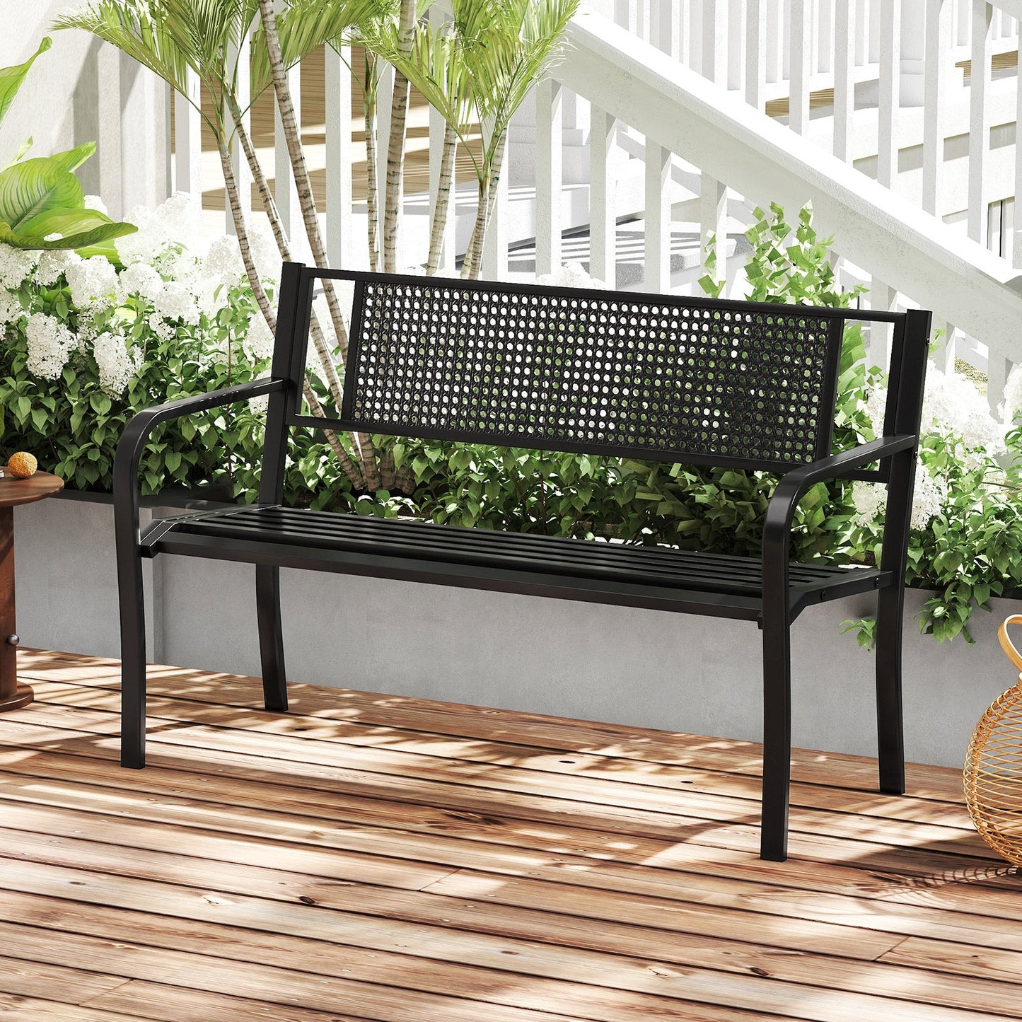 50 Inches Garden Bench with Patterned Backrest and Curved Armrests-Black - Tampa Home & Garden Store