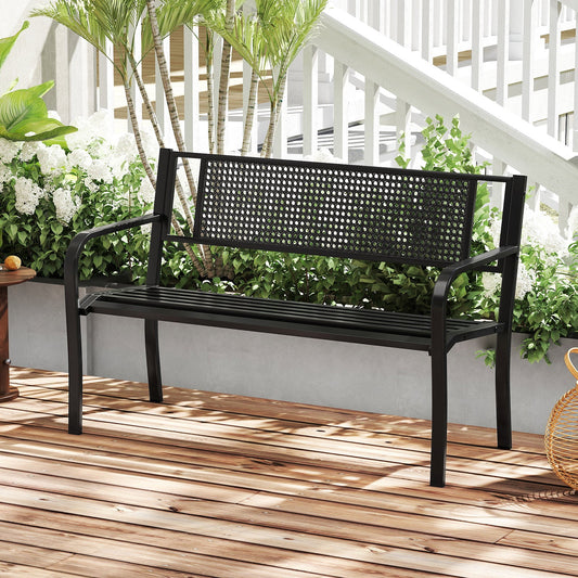 50 Inches Garden Bench with Patterned Backrest and Curved Armrests-Black - Tampa Home & Garden Store