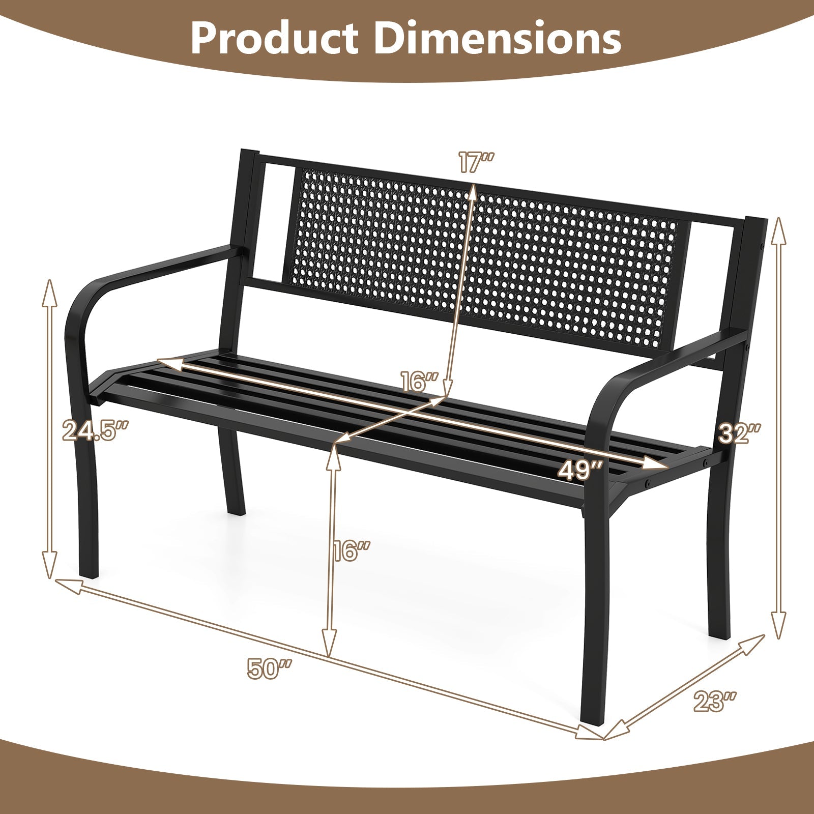50 Inches Garden Bench with Patterned Backrest and Curved Armrests-Black - Tampa Home & Garden Store