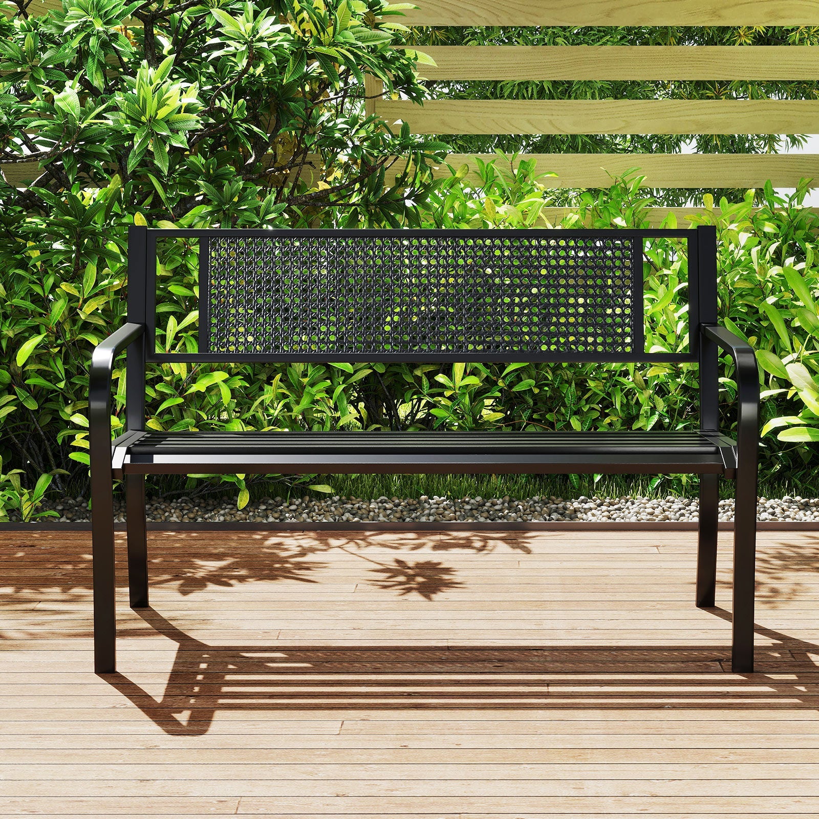 50 Inches Garden Bench with Patterned Backrest and Curved Armrests-Black - Tampa Home & Garden Store