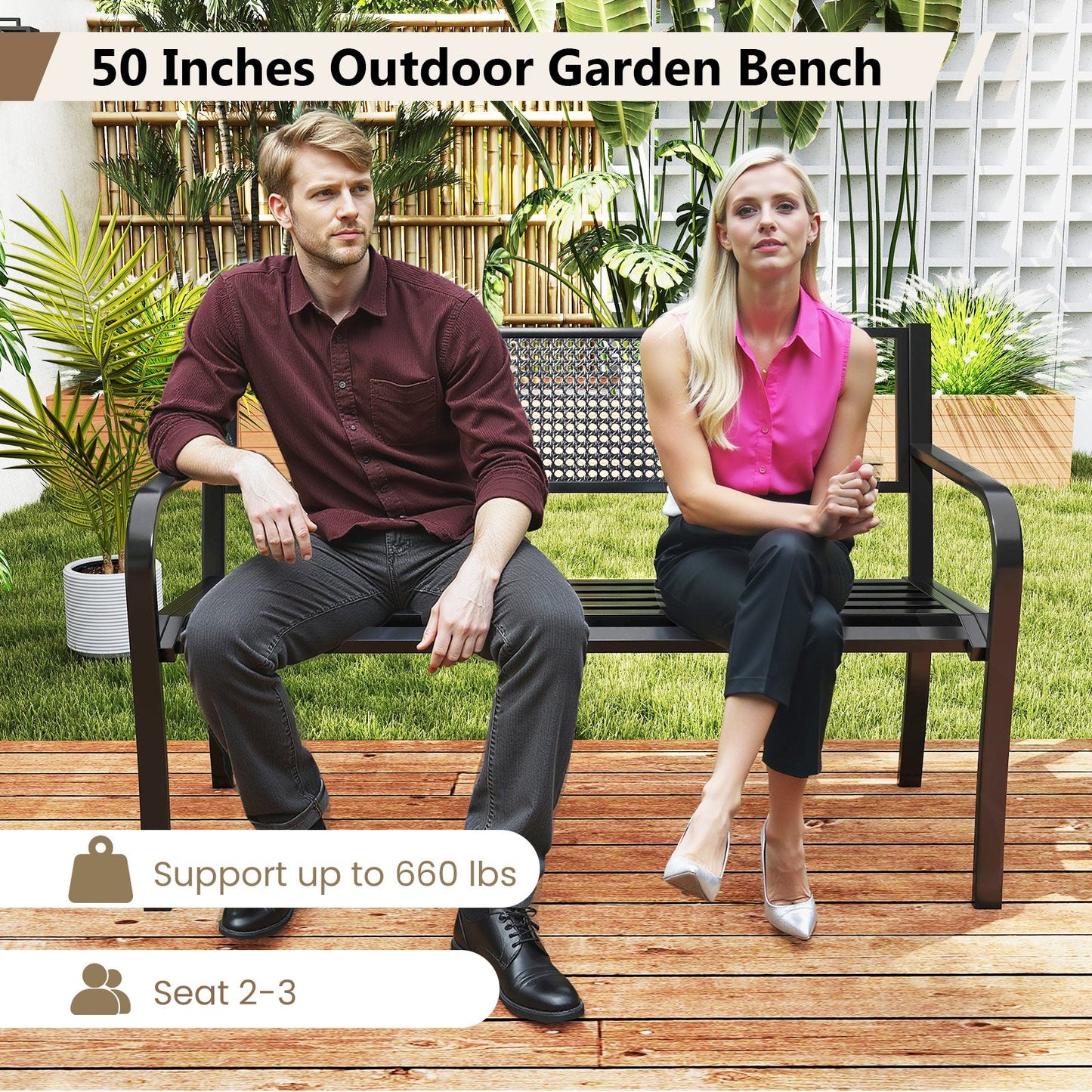 50 Inches Garden Bench with Patterned Backrest and Curved Armrests-Black - Tampa Home & Garden Store