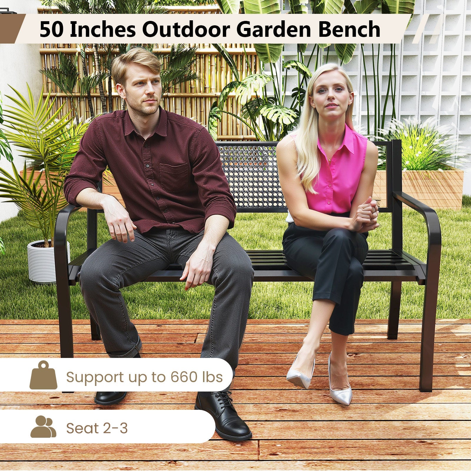 50 Inches Garden Bench with Patterned Backrest and Curved Armrests-Black - Tampa Home & Garden Store