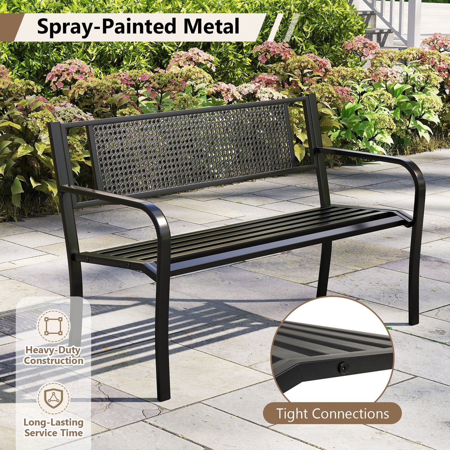 50 Inches Garden Bench with Patterned Backrest and Curved Armrests-Black - Tampa Home & Garden Store