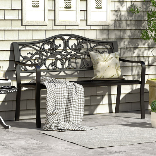 50 Inches Outdoor Cast Iron Metal Patio Bench with Floral Design Backrest and Slatted Seat-Black - Tampa Home & Garden Store
