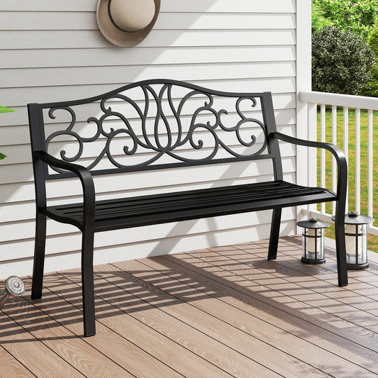 50 Inches Outdoor Garden Bench with Floral Design Backrest and Slatted Seat-Black - Tampa Home & Garden Store