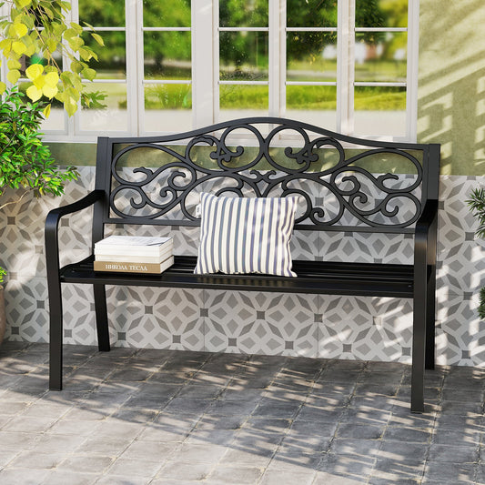 50 Inches Outdoor Garden Bench with Floral Design Backrest and Slatted Seat-Black - Tampa Home & Garden Store