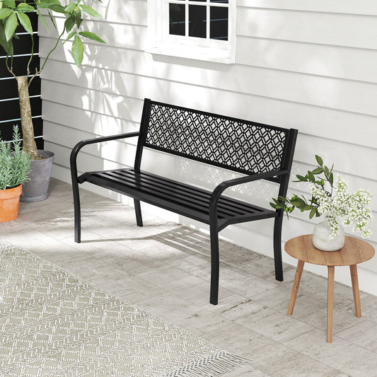 50 Inches Outdoor Garden Bench with Geometric Lattice Backrest and Slatted Seat-Black - Tampa Home & Garden Store