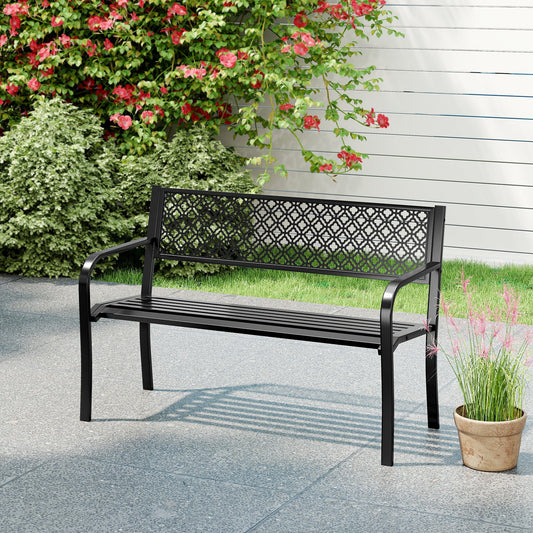 50 Inches Outdoor Garden Bench with Geometric Lattice Backrest and Slatted Seat-Black - Tampa Home & Garden Store