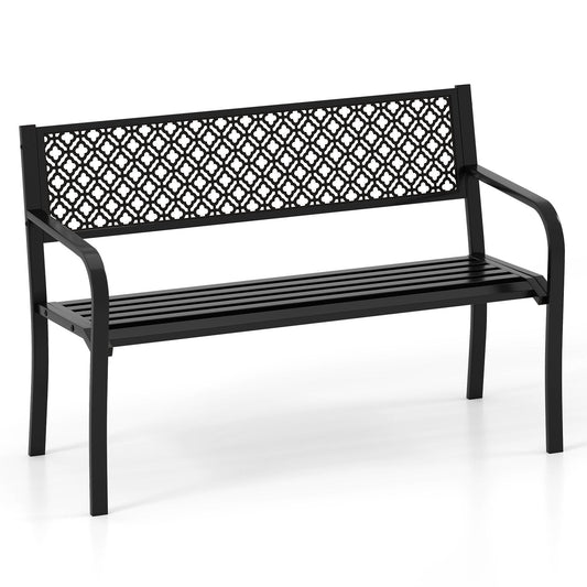 50 Inches Outdoor Garden Bench with Geometric Lattice Backrest and Slatted Seat-Black - Tampa Home & Garden Store