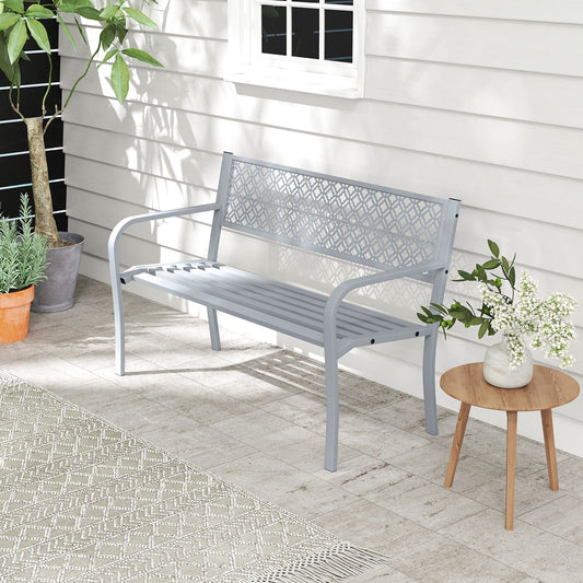50 Inches Outdoor Garden Bench with Geometric Lattice Backrest and Slatted Seat-Gray