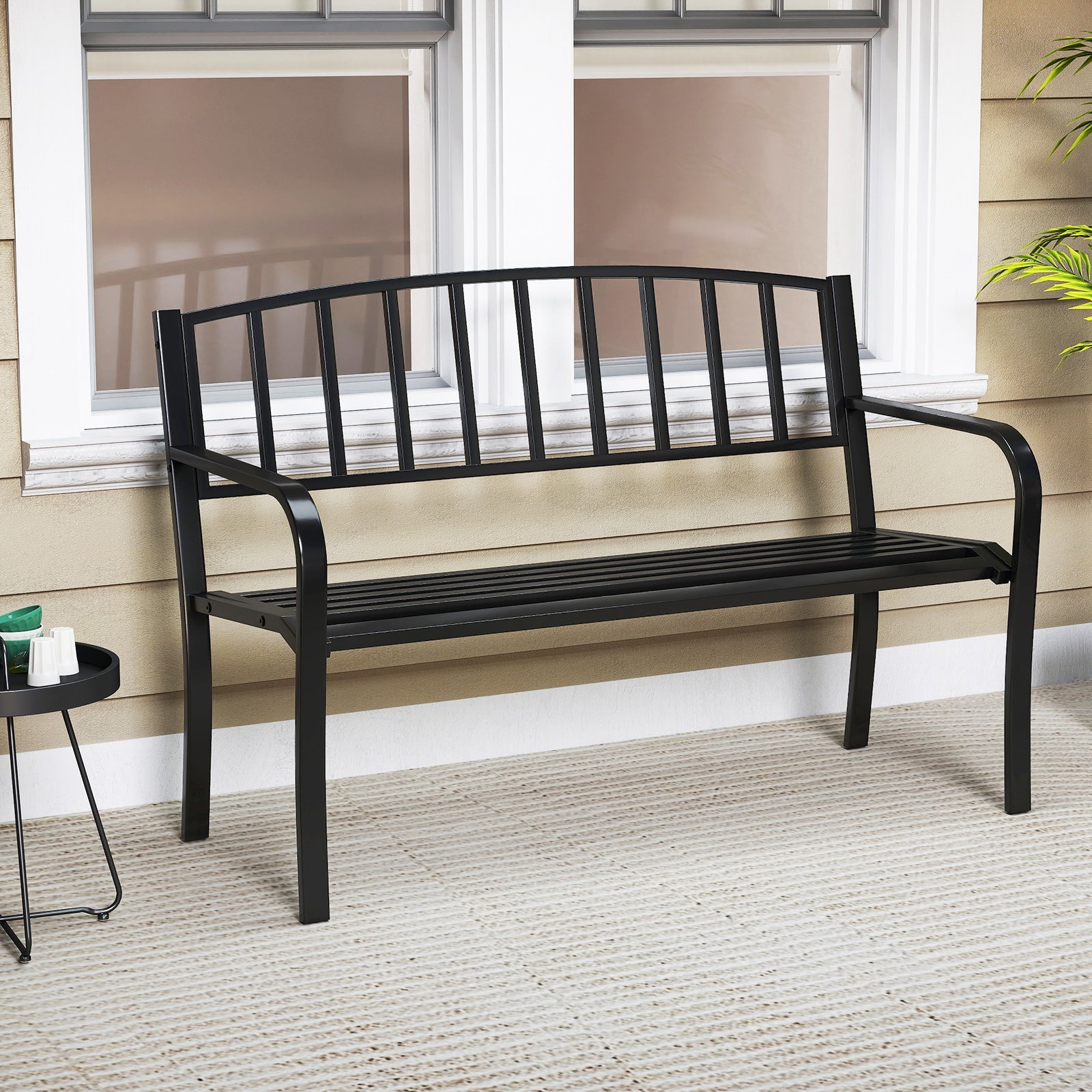 50 Inches Outdoor Garden Bench with Slatted Backrest and Curved Armrests-Black - Tampa Home & Garden Store