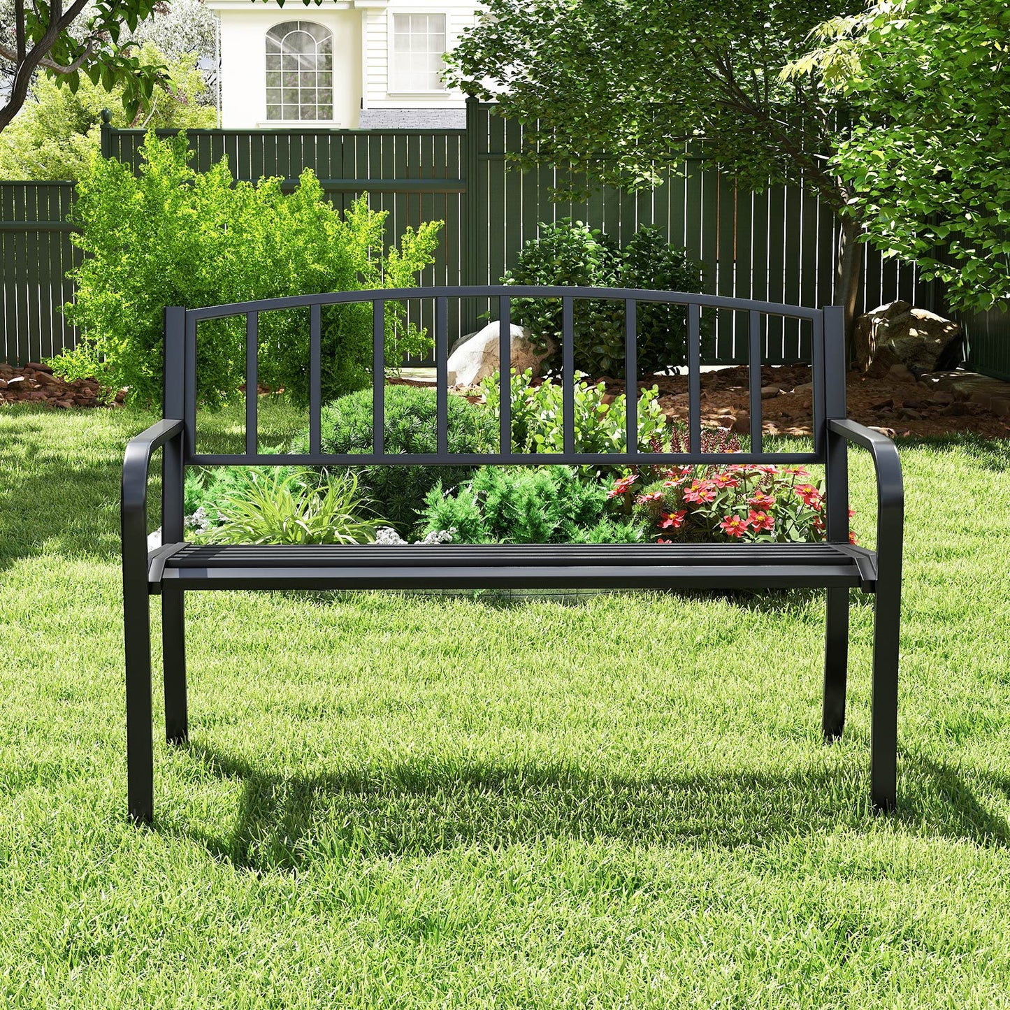 50 Inches Outdoor Garden Bench with Slatted Backrest and Curved Armrests-Black - Tampa Home & Garden Store