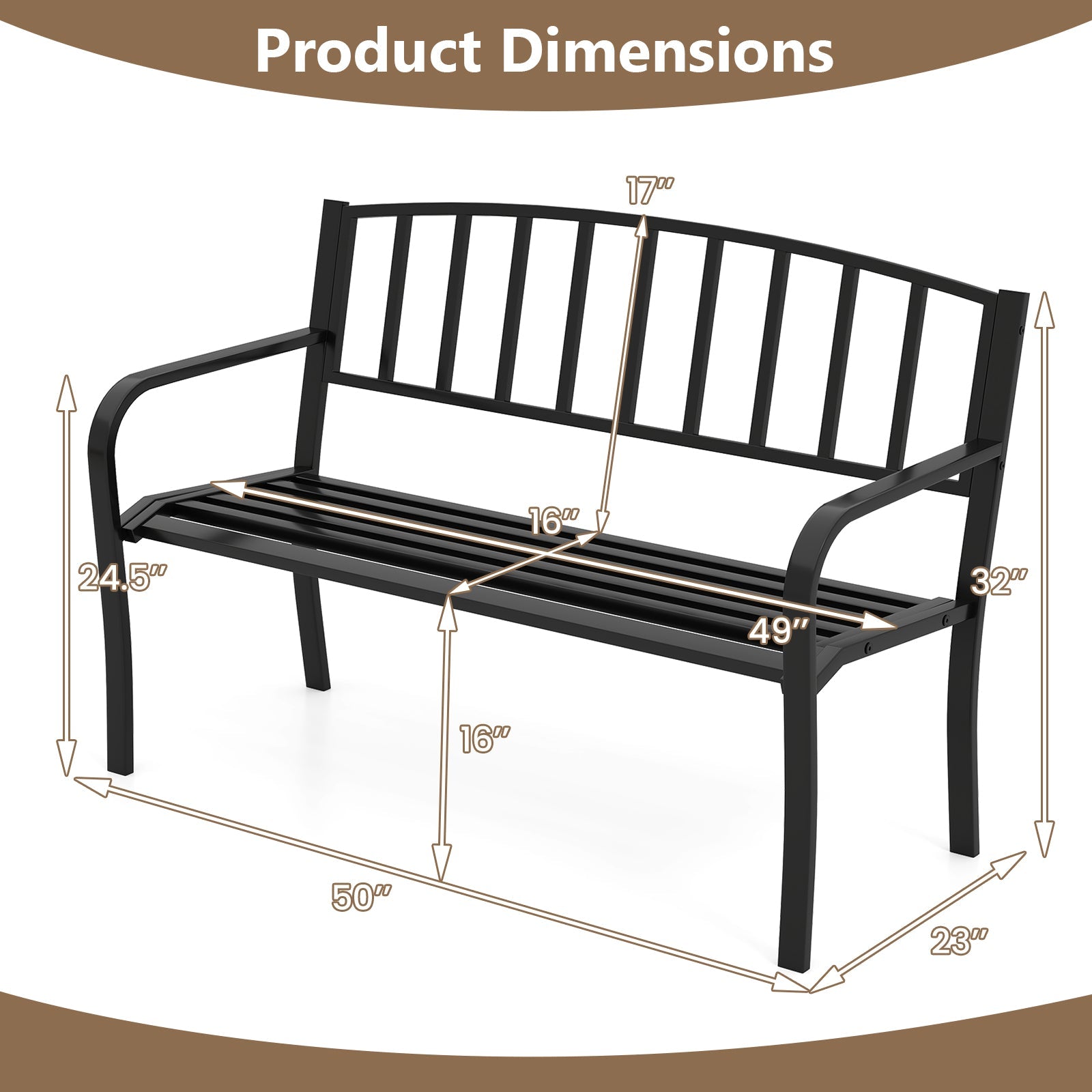 50 Inches Outdoor Garden Bench with Slatted Backrest and Curved Armrests-Black - Tampa Home & Garden Store
