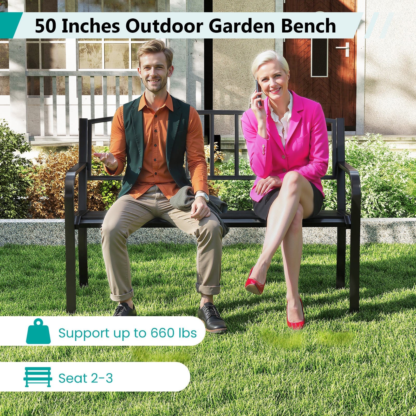 50 Inches Outdoor Garden Bench with Slatted Backrest and Curved Armrests-Black - Tampa Home & Garden Store