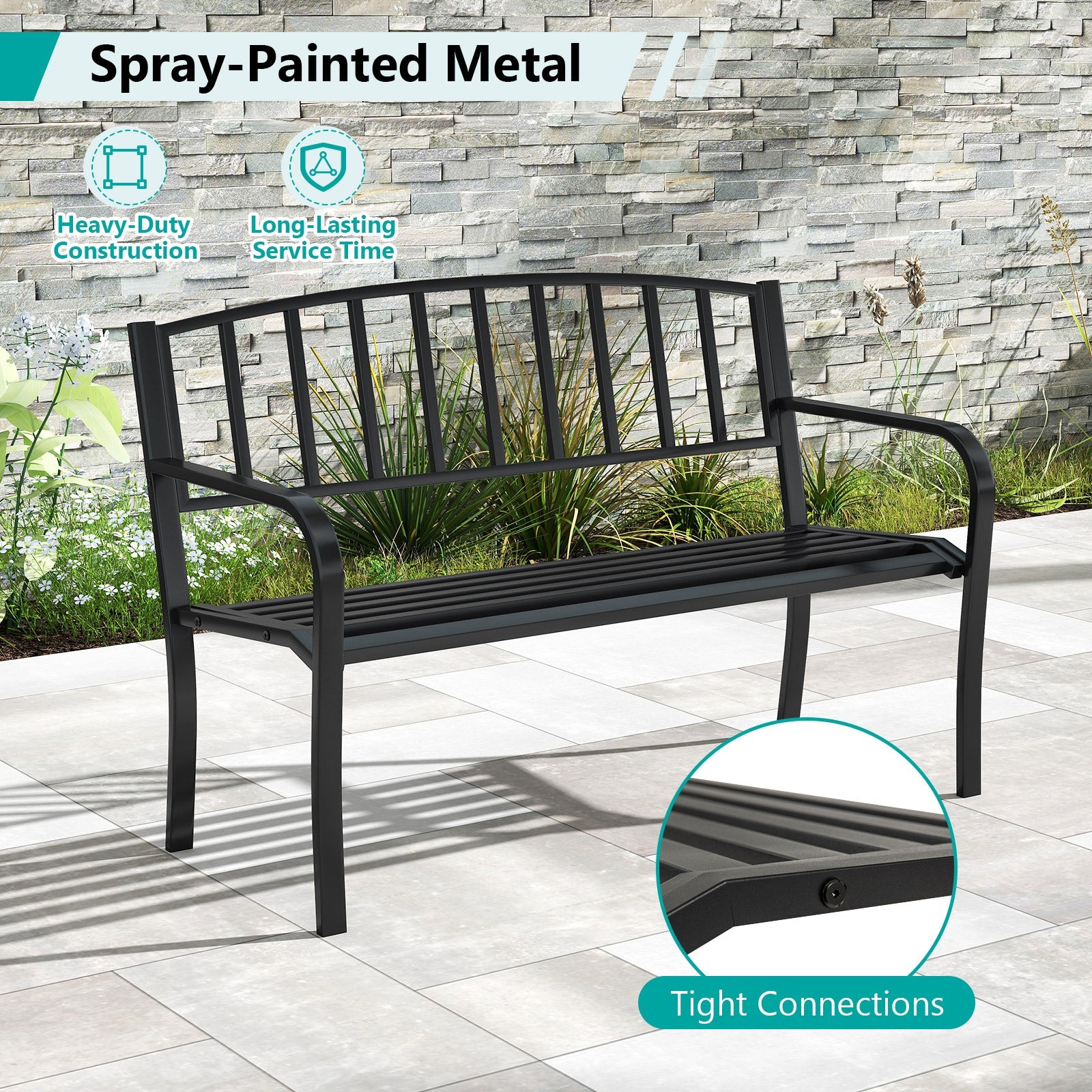 50 Inches Outdoor Garden Bench with Slatted Backrest and Curved Armrests-Black - Tampa Home & Garden Store