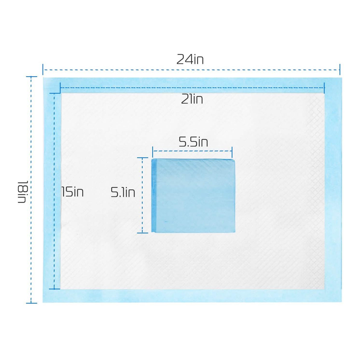 50-count dog training pads layout; outer 24in x 18in with 21in x 15in and blue 5.5in x 5.1in pad on Tampa Home & Garden Store