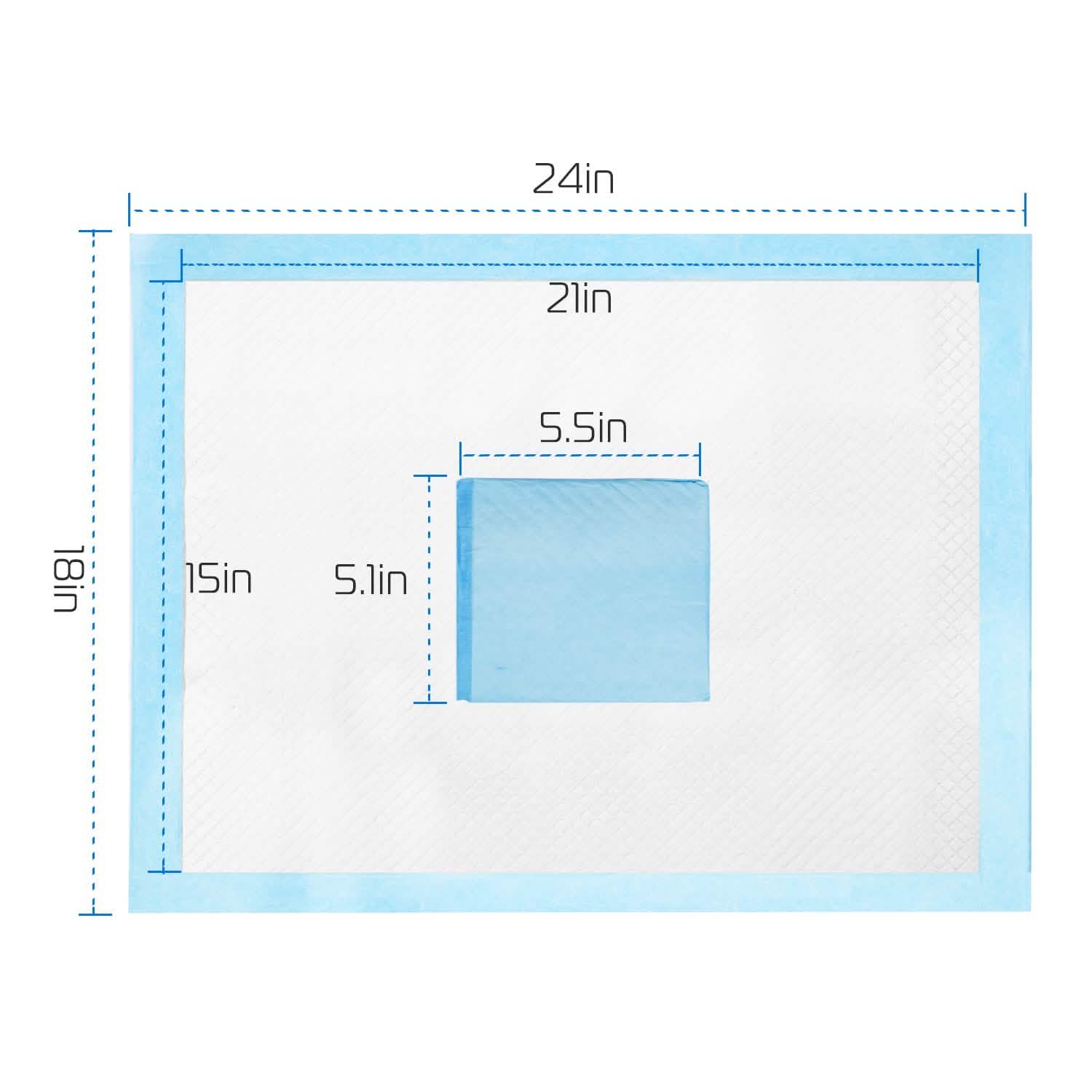 50-count dog training pads layout; outer 24in x 18in with 21in x 15in and blue 5.5in x 5.1in pad on Tampa Home & Garden Store