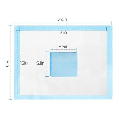50-count dog training pads layout; outer 24in x 18in with 21in x 15in and blue 5.5in x 5.1in pad on Tampa Home & Garden Store
