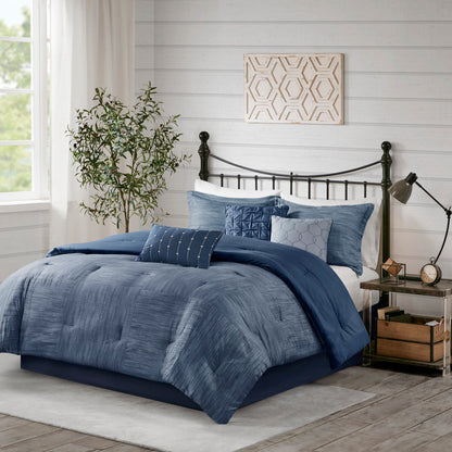 Navy Printed Seersucker Comforter and Sheet Set