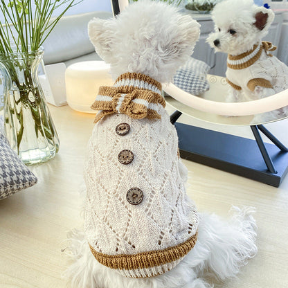 Bowknot dog sweater cream hollow knit with diamonds, brown bow and buttons for small dogs on Tampa Home & Garden Store