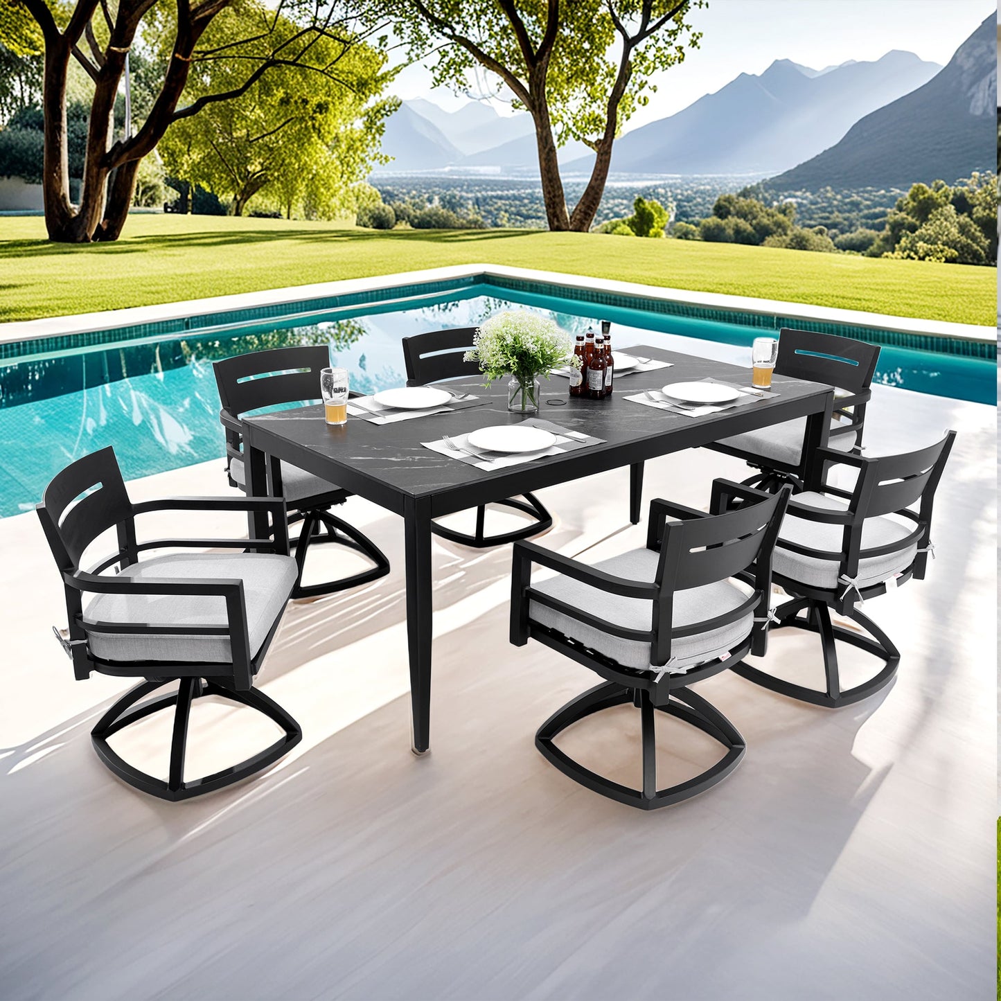 Modern 7-Piece Outdoor Patio Aluminum Dining Set HouseOfZazla, black frames with gray cushions, 6 chairs around a rectangular table on Tampa Home & Garden Store