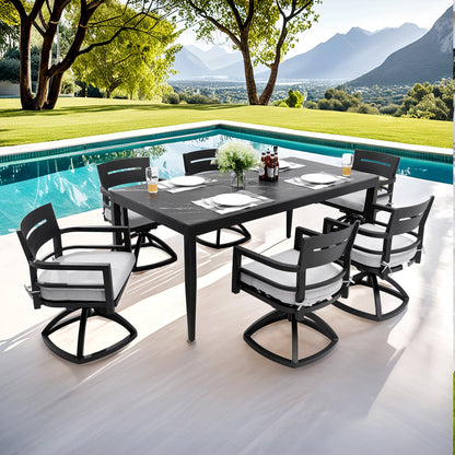 Modern 7-Piece Outdoor Patio Aluminum Dining Set HouseOfZazla, black frames with gray cushions, 6 chairs around a rectangular table on Tampa Home & Garden Store