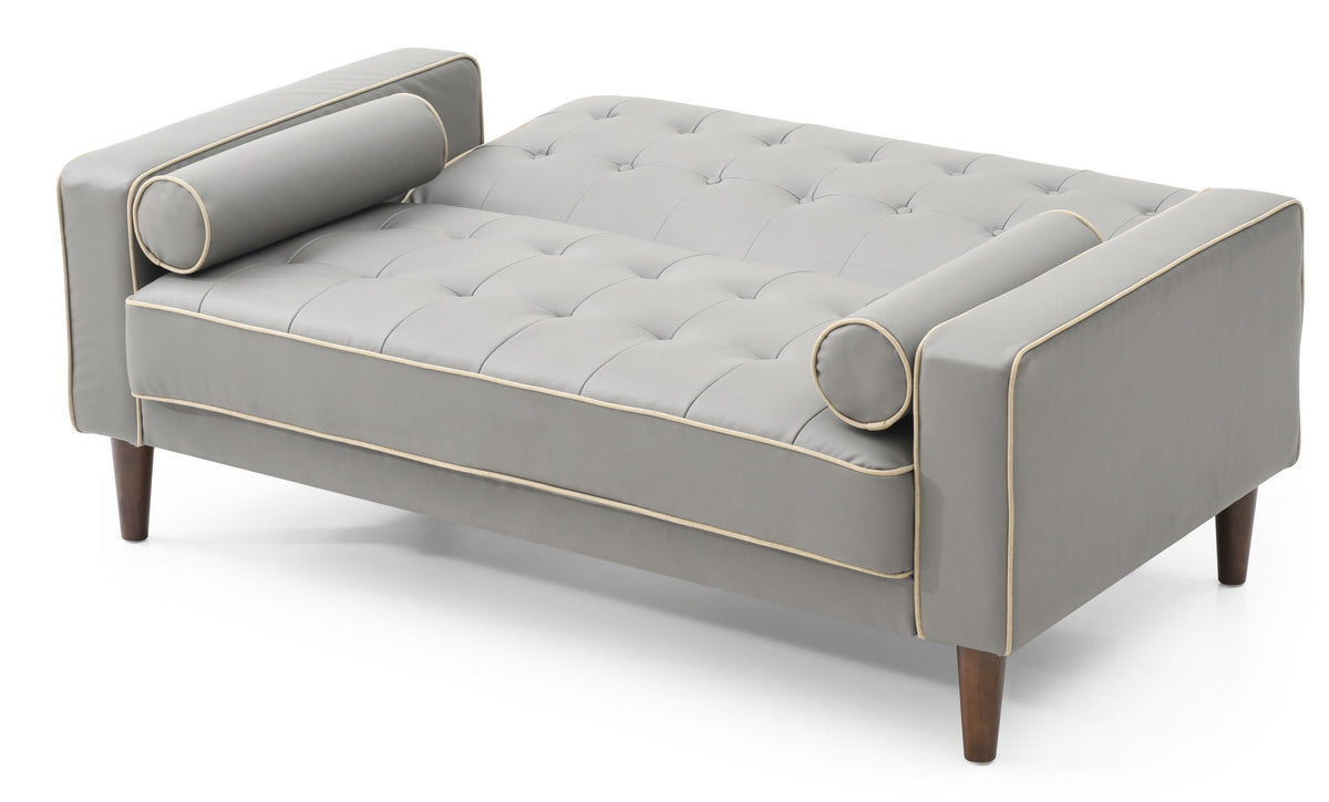 Futon loveseat for two with tufted gray faux leather, beige piping, wood legs HouseOfZazla on Tampa Home & Garden Store