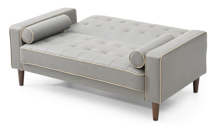 Futon loveseat for two with tufted gray faux leather, beige piping, wood legs HouseOfZazla on Tampa Home & Garden Store