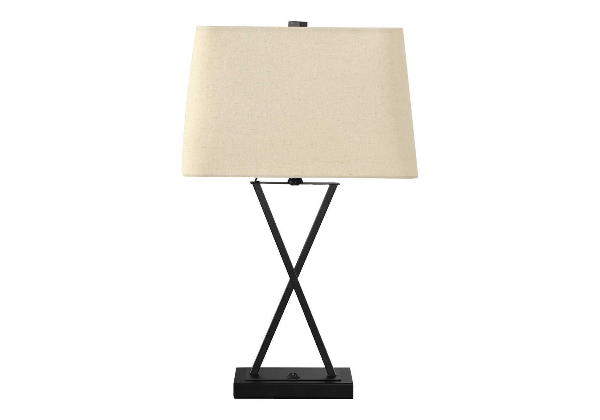 Table lamp black metal X-frame base with beige fabric shade USB port included on Tampa Home & Garden Store