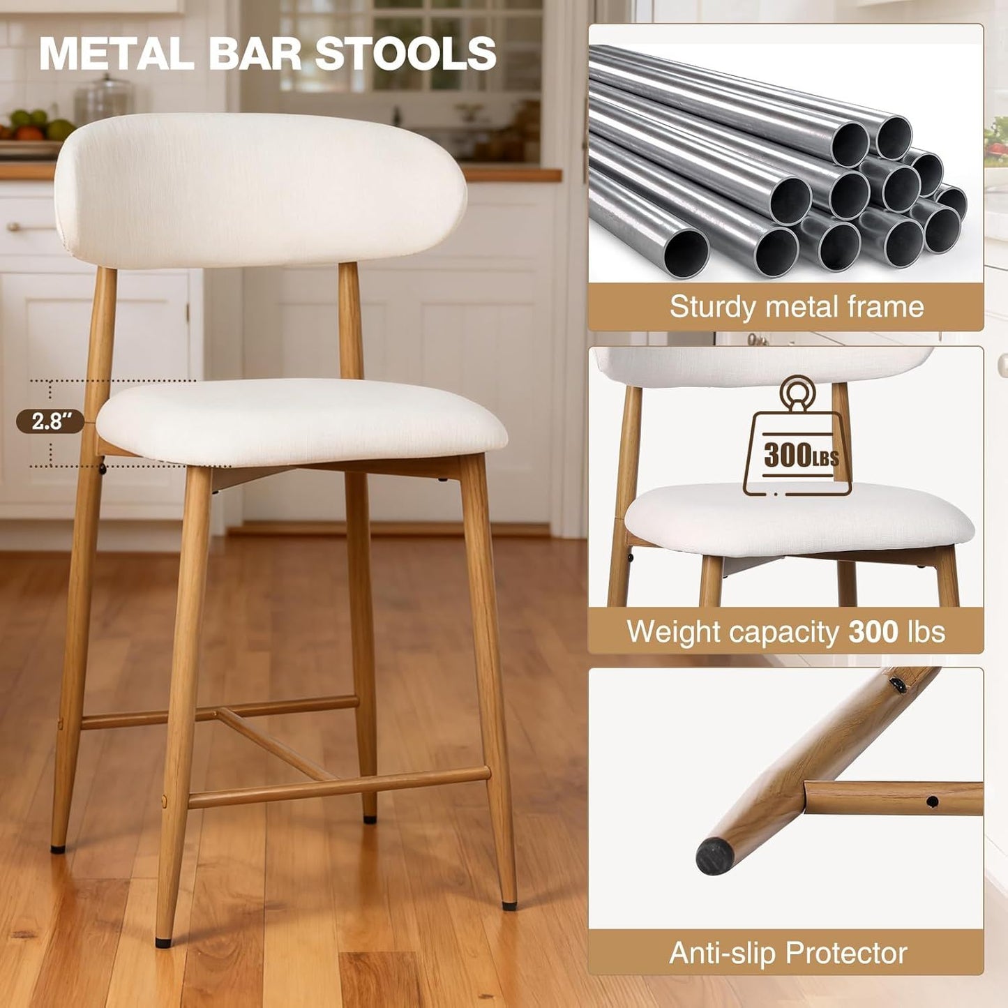 Set of Upholstered Counter Bar Stools for Kitchen