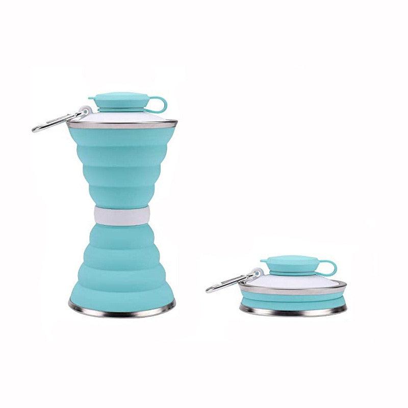 Two turquoise Stevvex 500ml silicone folding water bottles with lids and carabiners on Tampa Home & Garden Store