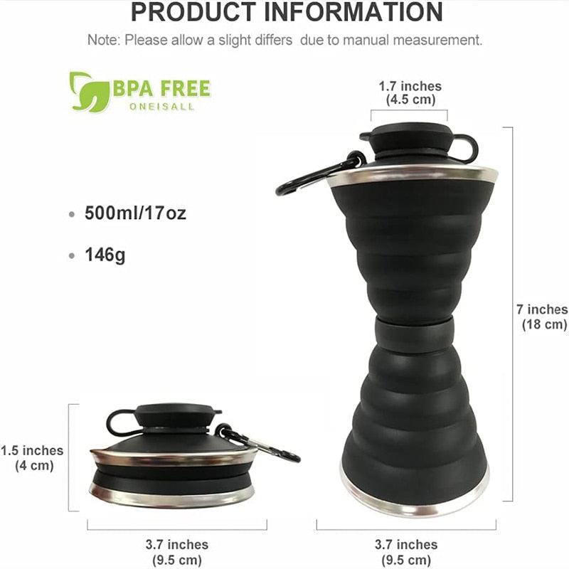 Stevvex 500ml silicone foldable water bottle, BPA free, black collapsed and expanded on Tampa Home & Garden Store