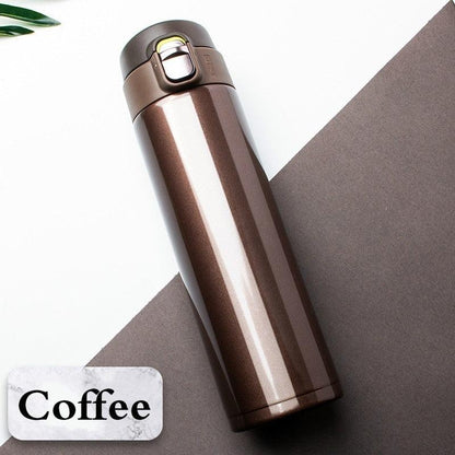 Stevvex 500ml stainless steel vacuum flask with brown finish and leak-proof bounce lid on Tampa Home & Garden Store
