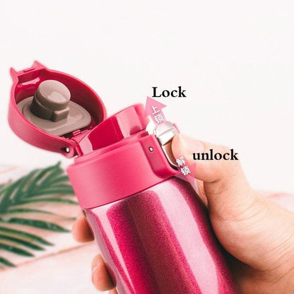 Pink 500ml stainless steel vacuum flask with bounce-cover flip lid and lock mechanism on Tampa Home & Garden Store