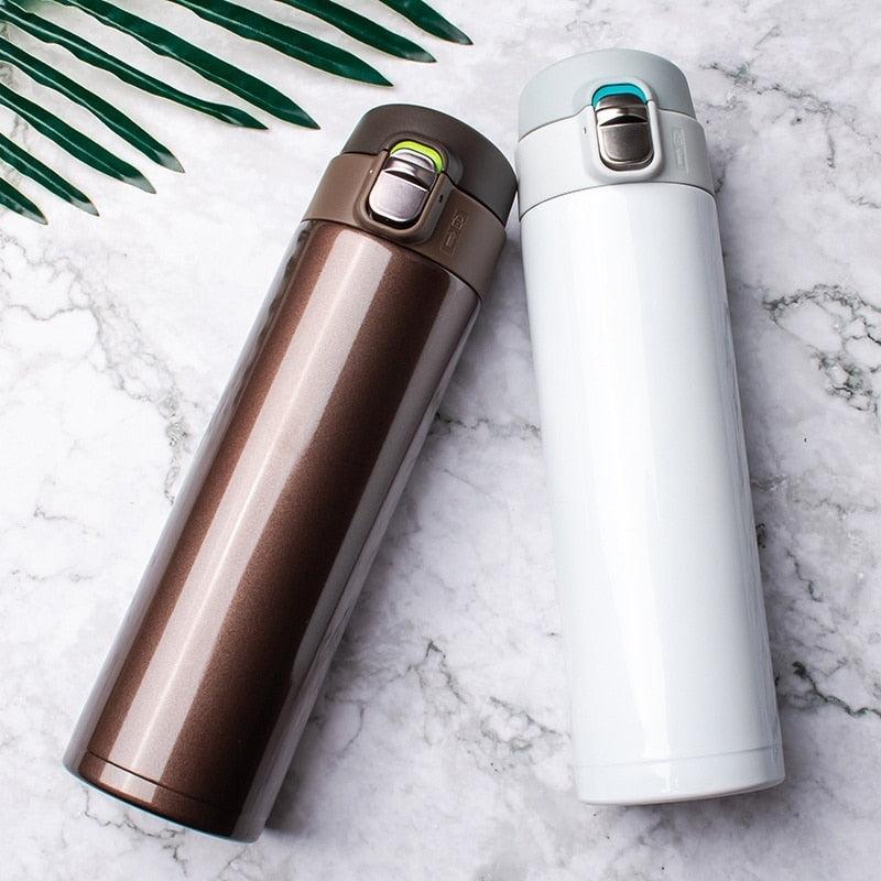 500ml Stevvex stainless steel vacuum flask with bounce lid, brown and white pair on Tampa Home & Garden Store
